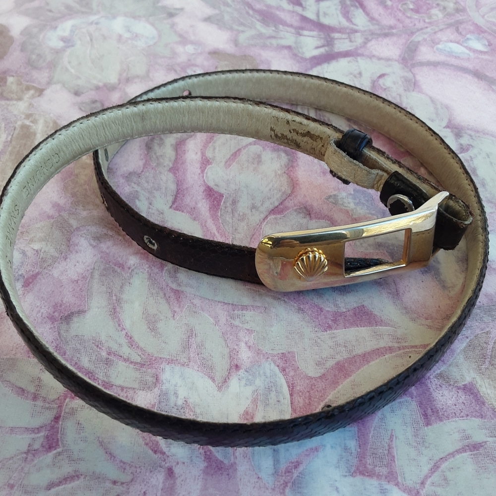 Black Snakeskin Belt with Gold Tone Shell Buckle, Vintage 1980's, Narrow, Size S